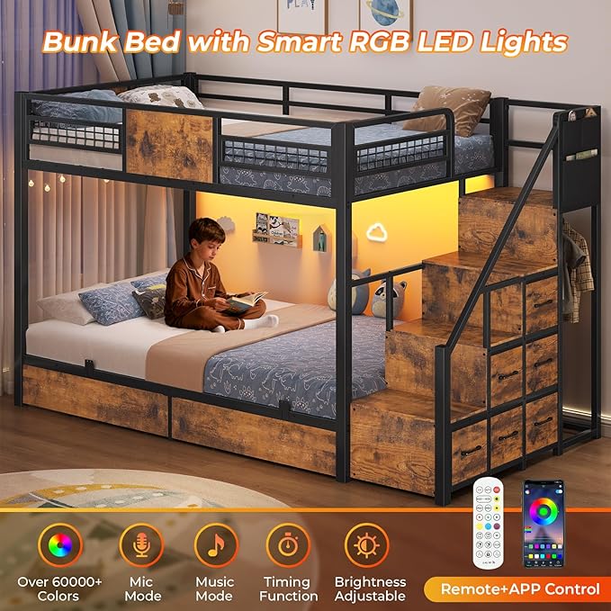 BTHFST Bunk Bed Twin Over Twin with Stairs, LED Lights Twin Bunk Bed with 2 Storage Drawers & 6 Fabric Drawers, Metal Twin Loft Beds with Guardrail & Stairs, Space Saving, Sturdy Frame
