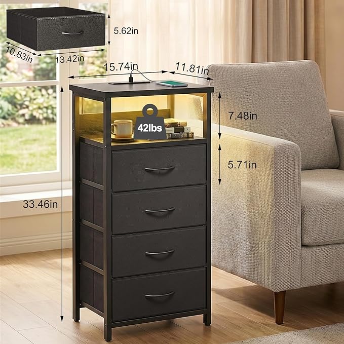 Fixwal Night Stand with Charging Station, Tall Nightstand with U-S-B Ports and Outlets, 4 Fabric Storage Drawers with PU Finish, Small Dresser Bed Side Table, Black