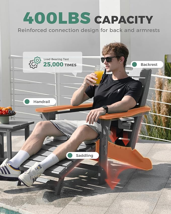 Folding Adirondack Chair with Retractable Ottoman, Weather Resistant Fire Pit Chair Patio Chair with 2 Cup Holder Lawn Outdoor Lounge Chair (Grey)