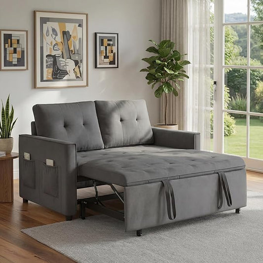 Convertible Sofa Bed, Pull Out Couch with Side Pockets, 3 in 1 Velvet Fabric Loveseat Sleeper Sofa Bed, Pull Out Couch with Adjustable Backrest for Living Room, Bedroom, Apartment, Black