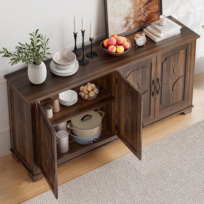 ONBRILL 63 Inch Buffet Cabinet with Storage, Large Sideboard Cabinet with 4 Carved Doors, Modern Credenza Storage Cabinets w/Adjustable Shelves for Kitchen, Living Room, Brown