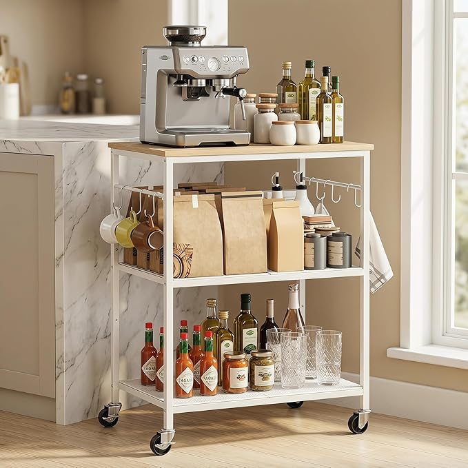 Homleke 3-Tier Rolling Kitchen Microwave Cart, Kitchen Utility Cart on Lockable Wheels, Coffee Bar Table Station with 6 S-Shaped Hooks, Small Appliance Storage Shelf, White and Natural