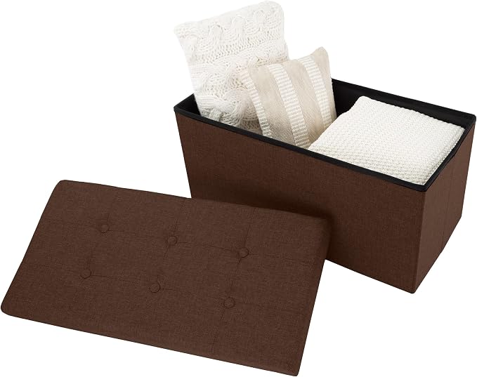 Lavish Home Folding Storage Ottoman - Set of 2 30-Inch Tufted Footrest, Linen Chest, or Bench with Removable Bin for Living Room, Bedroom, or Dorm (Brown)