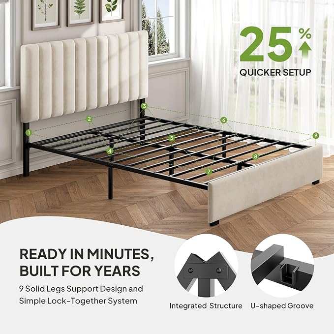 Welzona Full Upholstered Bed Frame with Headboard, Velvet Upholstered Metal Platform Bed with Vertical Channel Tufted Headboard, 3-Level Height, Metal Slat Support, Noise-Free Easy Assembly, White