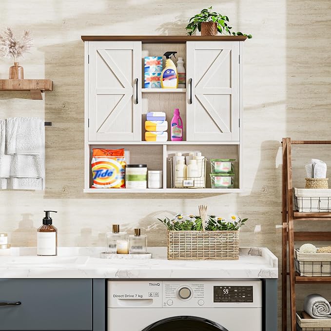 Vabches Bathroom Wall Cabinet, Farmhouse Medicine Cabinet with Double Barn Door and Adjustable Shelves, Wooden Vintage Storage Cabinet Wall Mounted for Bathroom, Kitchen Dining, Rustic White
