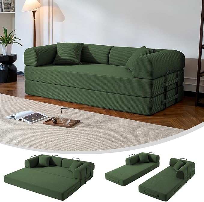 79" Compressed Sofa, Convertible Sofa Bed, Corduroy Compression Boneless Couch with Pillow, Comfy Modular Foldable Floor Sleeper Sofa for Bedroom, Living Room, Lounge, Studio (Olive Green)