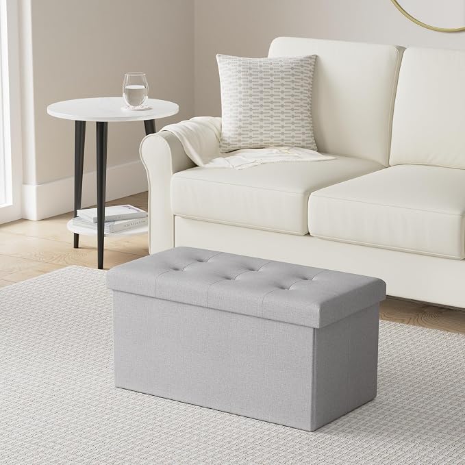 Lavish Home Folding Storage Ottoman - Set of 2 30-Inch Tufted Footrest, Linen Chest, or Bench with Removable Bin for Living Room, Bedroom, or Dorm (Light Gray)