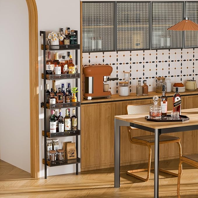 5-Tier Freestanding Wine Racks: 50 Bottles Wine Rack Shelf Wall Mounted with Fences, Wines Bottle Holder Display Shelf, Liquor Storage for Kitchen, Dining Room, Bar, Wood, 17.28''L x 7.95''W x 68.5''H