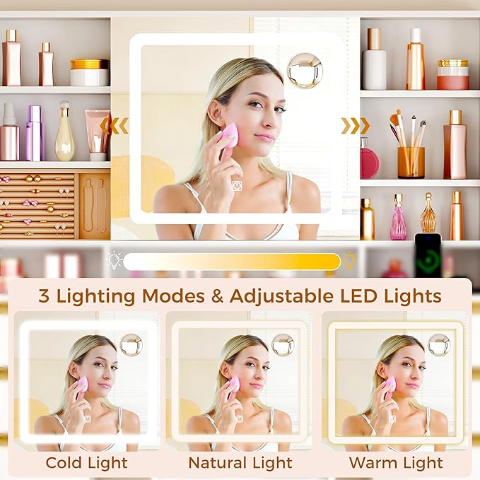ANWBROAD Vanity Desk with Sliding Mirror and Lights,Large Makeup Vanity Set with Jewelry Storage,11 Drawers,6 Shelves, 3 Color Lights, White Dressing Table with Stool Power Outlet for Women UBDT98W