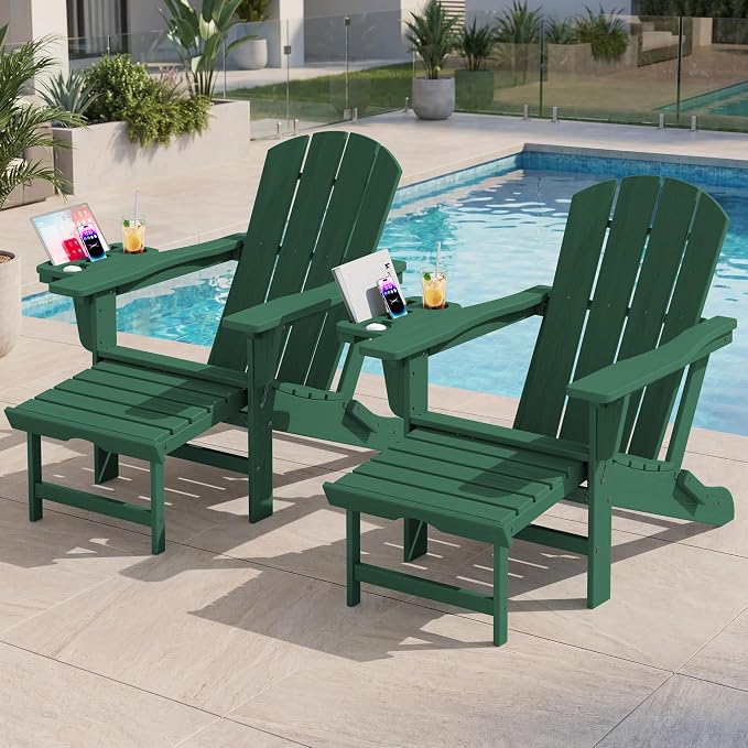 KINGYES Adjustable Folding Adirondack Chair with Footrest & 4-in-1 Multi-Functional Armrest Organizer Set of 2, HDPE Foldable Recliner Adirondack Chair with Pull-Out Ottoman, Green