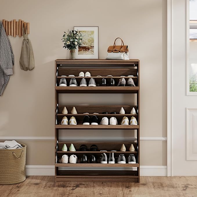 Shoe Cabinet with 3 Flip Drawers, 31.5" W Narrow Shoe Storage Cabinet for Entryway, Slim Shoe Organizer with Adjustable Shelves, Freestanding Shoe Rack for Hallway, Living Room, Walnut