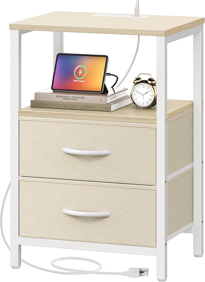 Huuger Nightstand with Charging Station, Side Table with Fabric Drawers, End Table with Open Shelf, Bedside Table with USB Ports and Outlets, Night Stand for Bedroom, White Marple