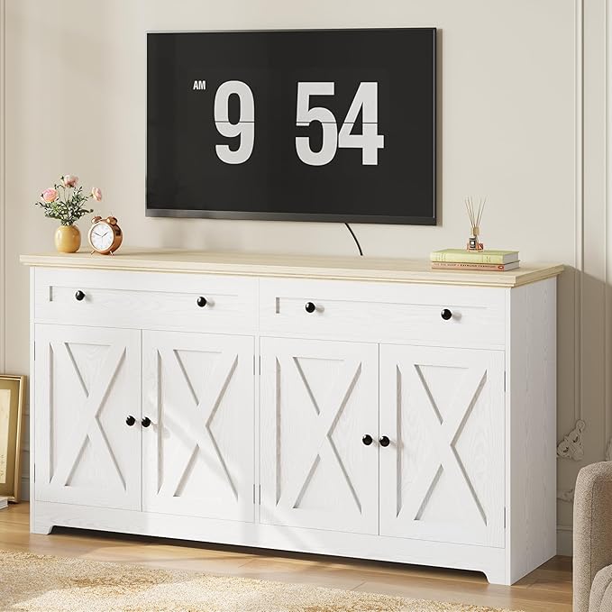 IRONCK Buffet Cabinet with Storage, Sideboard Storage Cabinet with Drawers, Coffee Bar Cabinet, Kitchen Cabinet with Doors, Natural Wood