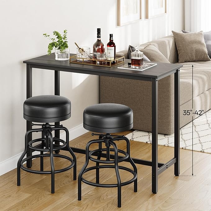 Raynesys Adjustable Height Swivel Bar Stools Set of 3, 22-29 Inch Industrial Vintage Bar Counter Height Stools with Thicken Premium Bonded Leather Seats & Updated Footrests, Easy Assembly, Brown