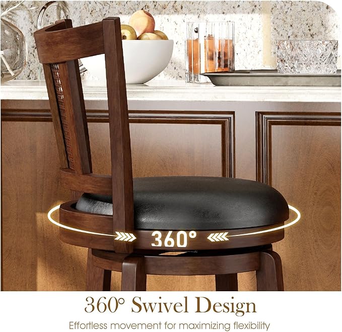 Sophia & William Swivel Counter Height Bar Stools Set of 4, 26 Inch Faux Leather Barstools with Backrest & Solid Wood Legs, Brown Kitchen Counter Stools