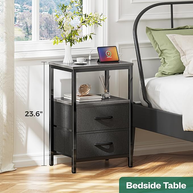 Huuger Nightstands Set of 2, End Tables with Charging Station, Side Tables with Fabric Drawers, Bedside Tables with USB Ports and Outlets, Night Stands for Bedroom, Charcoal Gray