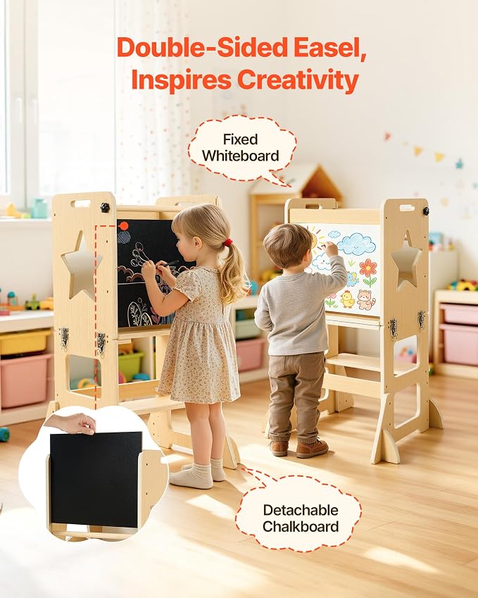 VEVOR 6-in-1 Toddler Kitchen Step Stool, Foldable Standing Tower with Blackboard & Whiteboard, Wooden High Chair for Toddlers, Kitchen Stool Helper with Detachable Stool, Montessori Table and Chair