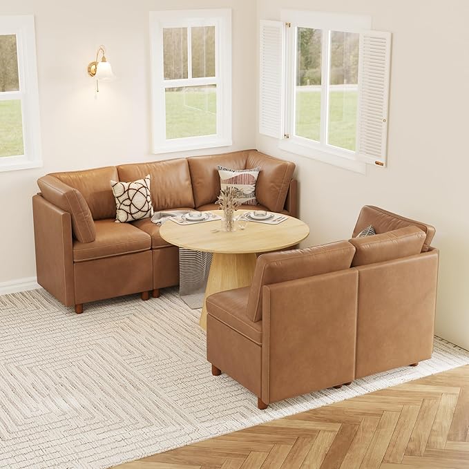 SITJOY Breakfast Nook Bench with Storage, Modular Corner Kitchen Banquette Seating, Dining Settee Couch, Upholstered Dining Bench with Back, Pet-Friendly Faux Leather in Brown, 5-Seat L Shaped Booth