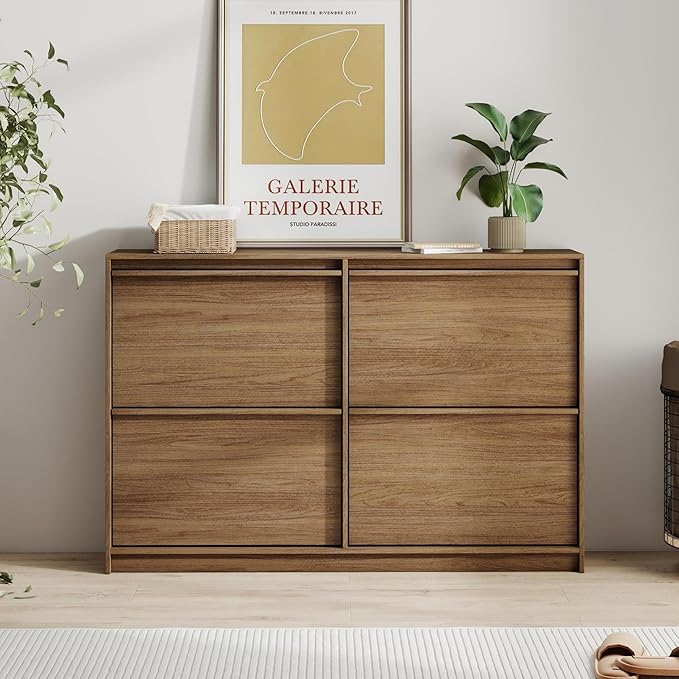 Shoe Storage Cabinet for Entryway with 4 Flip Drawers, Wooden Shoe Organizer Cabinet with Adjustable Shelf, Slim Freestanding Shoe Rack for Entryway, Hallway, Living Room, Walnut