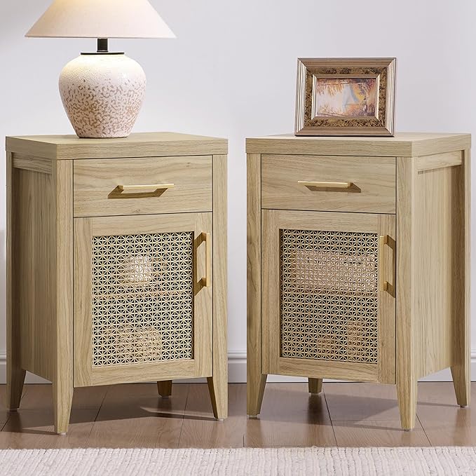 SICOTAS Tall Nightstands Set of 2 with Drawer - Farmhouse Night Stand Bedside Tables with Storage, Wooden End Tables with Metal Mesh Door and Adjustable Shelf for Bedroom, Light Walnut