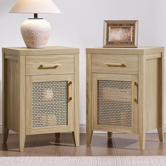 SICOTAS Tall Nightstands Set of 2 with Drawer - Farmhouse Night Stand Bedside Tables with Storage, Wooden End Tables with Metal Mesh Door and Adjustable Shelf for Bedroom, Light Walnut