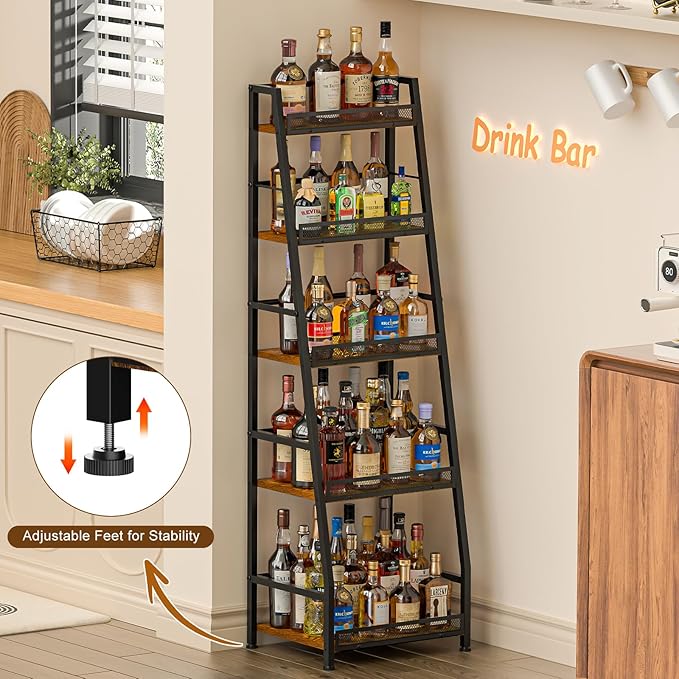 5-Tier Trapezoid Liquor Stand for Home Bar, Large-Capacity Liquor Cabinet Bar for Home, Stepped Wine Rack Freestanding Floor for Whiskey, Corner Wine Bottle Display Shelf with Fences for Living Room