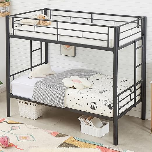VECELO Metal Bunk Bed Twin Over Twin, Industrial Bunkbeds with Ladder and Full-Length Guardrail, Noise Free, No Boxing Spring Needed, Black
