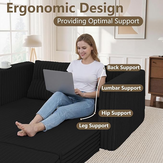 HABUTWAY 49.8" Loveseat Boneless Couch, 4-in-1 Convertible Sofa Bed, Plush Fur Folding Futon Sofa Bed Couches with a Pillow for Living Room, High-Density Foam Support, No Assembly Required, Black