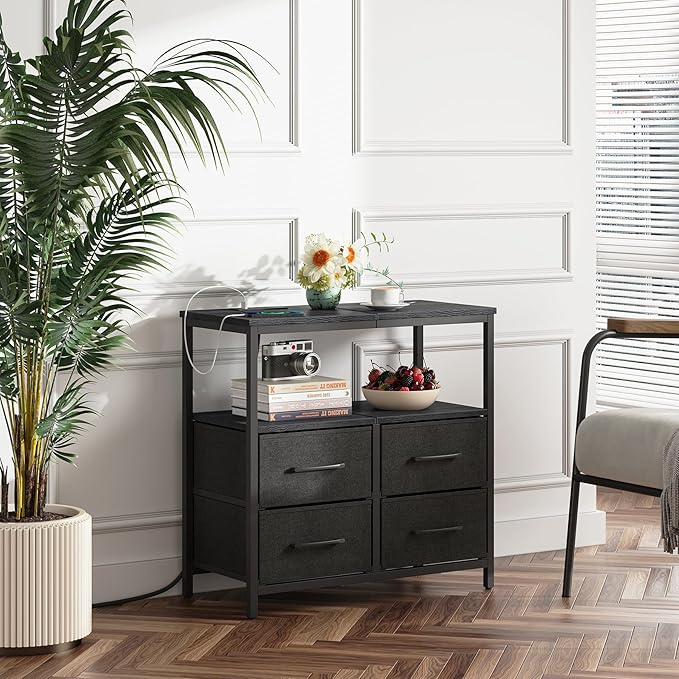 TUTOTAK Large Night Stand with Charging Station, Nightstand with USB and Type-C Port, Bedside Table with Cloth Drawers, End Table for Livingroom, Bedroom, Black TB01BK081