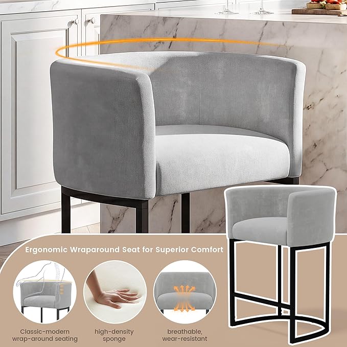 GRUSIGN Chenille Counter Height Bar Stools Set of 2, 26" Kitchen Island Stools with Arms & Footrest, Upholstered Barrel Back Bar Chairs for Kitchen, Dining Room, Bar & Lounge Area, 450 lbs, Grey
