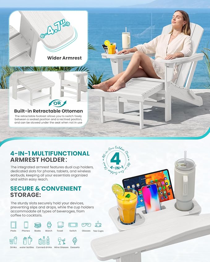 SERWALL Folding Adjustable Adirondack Chairs with Footrest Set of 4, HDPE Outdoor Chair with 4-in-1 Cup Holders, All Weather Adirondack Chair with Ottoman, White