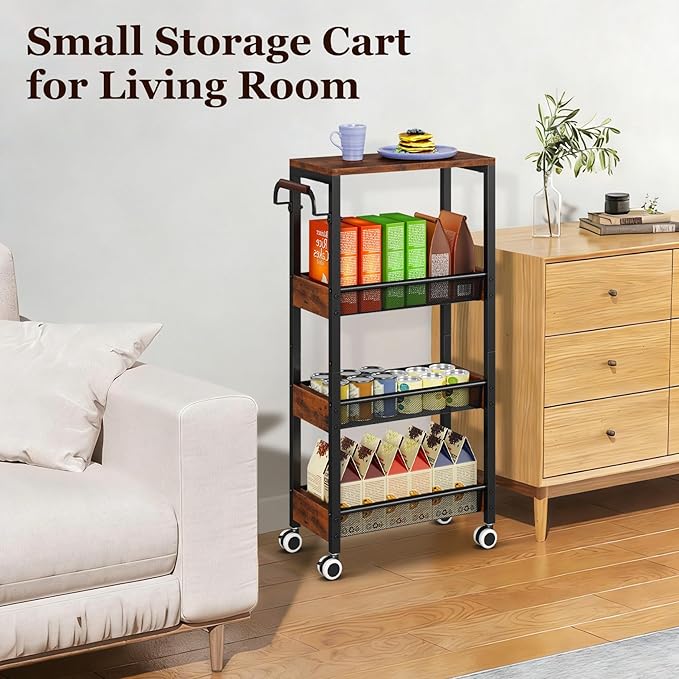 Utility Slim Storage Cart with Wheels, 4 Tier Slim Rolling Cart, Slim Rolling cart for Kitchen,Small Rolling Cart with Wood Top, Skinny Metal Organization Trolley Laundry with Handle for Small Space