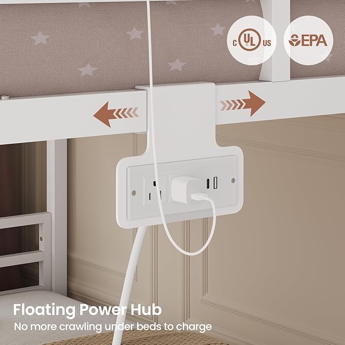 ADORNEVE Low Bunk Bed Full Over Full with Stairs, 3 Storage Drawers & Power Outlet, Full Size Metal Floor Bunk with RGB Lights & Shelves, Space-Saving Kids Bed, White