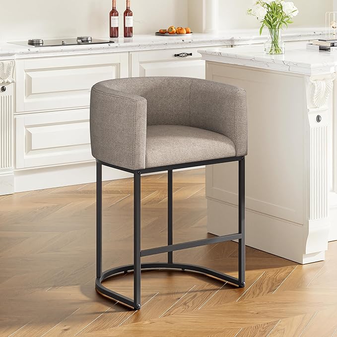 26" H Counter Height Bar Stools Set of 1, Modern Barrel Counter Stools with Backrest and Arms, Linen Fabric Upholstered Accent Barstools for Kitchen Island,Support 450 LBS (Sand)