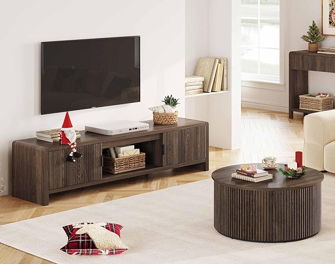 FATORRI TV Stand for 75/65/55 Inch TVs, Mid Century Modern Entertainment Center with Storage, Wood Waveform Fluted-Door Television Media Console for Living Room, Bedroom (63 Inch W, Dark Walnut)