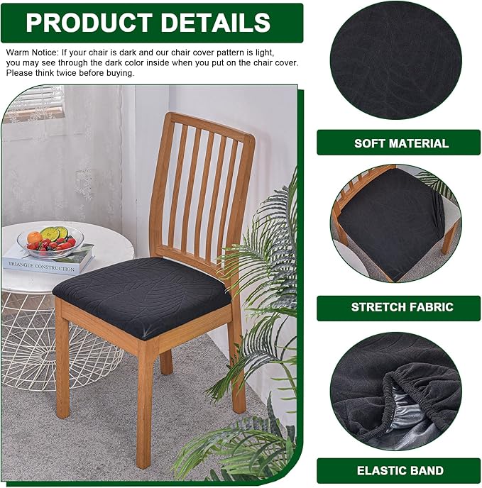 CRFATOP Waterproof Seat Covers for Dining Room Chairs Set of 4 with Stretch Bench Slipcover Jacquard Kitchen Chair Slipcover Washable Seat Cushion Slipcover for Hotel Banquet Wedding Party, Black