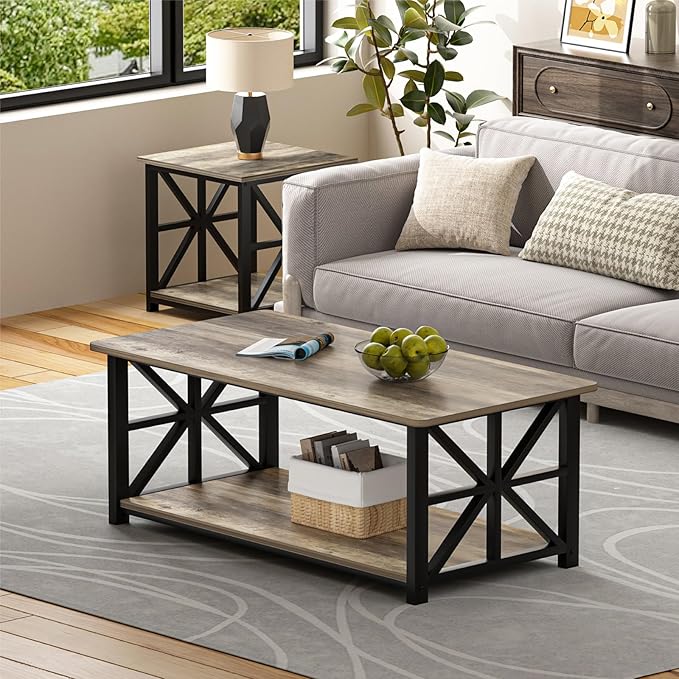GreenForest Coffee Table for Living Room with Round Corners Farmhouse Style Center Table with Storage Shelf 39 Inch Space Saving Easy Assembly Gray Wash | for Living Room