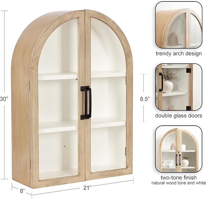 Kate and Laurel Arcott Modern Arch Wall Cabinet, 21 x 8 x 30, Natural Wood and White, Transitional Arched Cabinet for Use as Over-the-Toilet Storage or Living Room Storage Cabinet