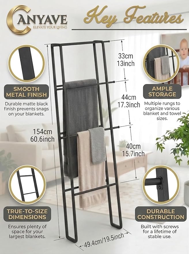 CANYAVE Metal Leaning Ladder Towel Rack, 4-Tier Blanket Stand for Bathroom Living Room, No Drilling Quilt Storage Organizer (Matte Black)
