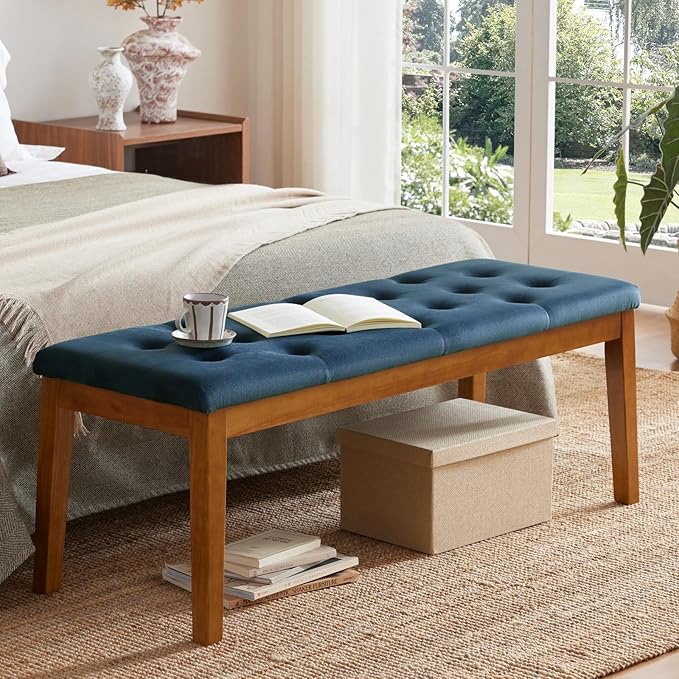 Ottoman Bench Upholstered Padded Seat with Solid Wood Legs and Button-Tufted, Big Oversized Ottoman, Velvet Navy