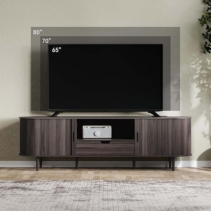 DHH 71" Fluted TV Stand with Power Outlet for TVs up to 80", TV Console with Adjustable Shelves and Sliding Door,Mid Century Modern Entertainment Center for Living Room,Bedroom (Dark Walnut, 71Inch)