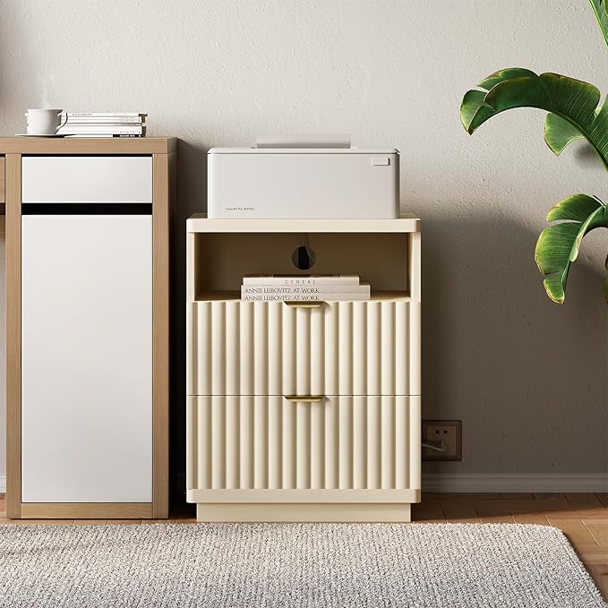 Night Stand Set 2, Nightstand with Charging Station, Night Stand with Open Shelf and 2 Drawers for Bedroom, Side Table Bedside Table with USB Ports & Outlets, Small Nightstand End Table