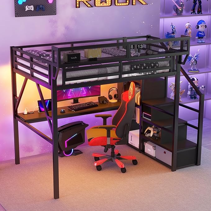 KEIKI Queen Size Metal Loft Bed Frame with Desk, Staircase, Built-in Storage Shelves and Wardrobe, Modern Loft Bed with Solid Slat, Guardrail, No Box Spring Required, Easy Assembly, for Bedroom, Black