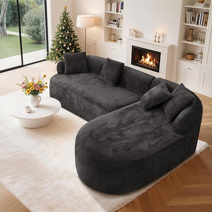 99" Curved Sectional Sofa with Chaise, Modern Boneless Couch with Deep Seat, L Shaped 3-Seater Cloud Couch for Living Room, No Assembly Needed, Chenille (Black, Right Chaise+Left Sofa)