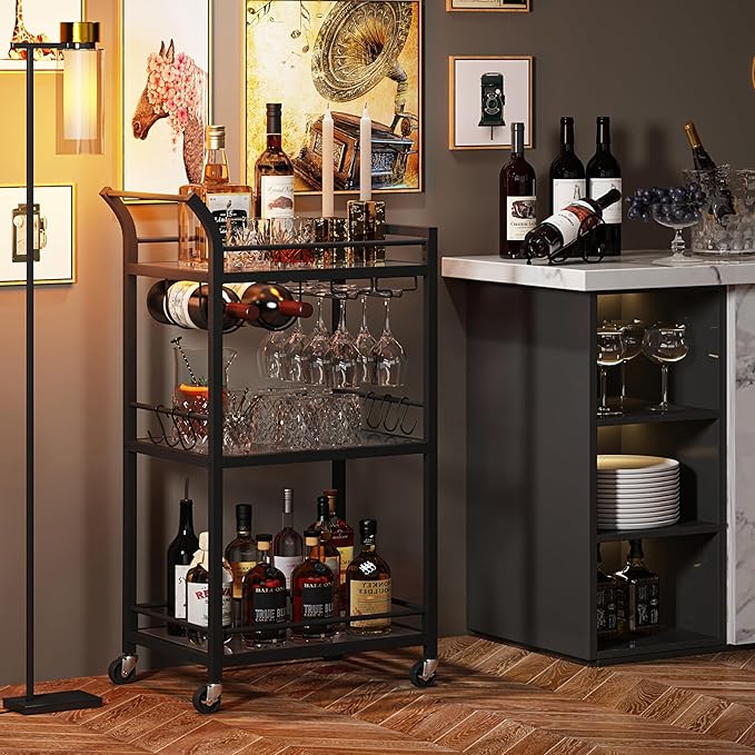 TUTOTAK Bar Cart, Home Bar Serving Cart with 3-Tier Mirrored Shelf, Mobile Kitchen Shelf, Rolling Beverage Cart, Black BC01BK034