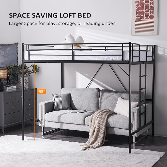 VINGLI Loft Bed Full Size with Flat Rungs for Adults, Kids and Young Teens, No Box Spring Required,Heavy Duty Metal Slat Support,Black