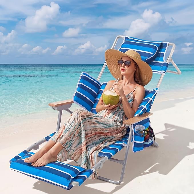 5-Positon Backpack Beach Chair, Portable Folding Tanning Chair, Double Shoulder Straps Beach Lounge Chair with Footrest, Face Hole, Towel Bar for Camping (Blue White, 60.6")