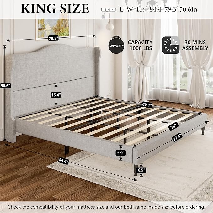 King Bed Frame with Headboard, Upholstered Platform Bed with Tall Wingback Headboard, Sturdy Wood Slats Support, Easy Assembly, No Box Spring Needed, Modern Style for Bedroom, Beige