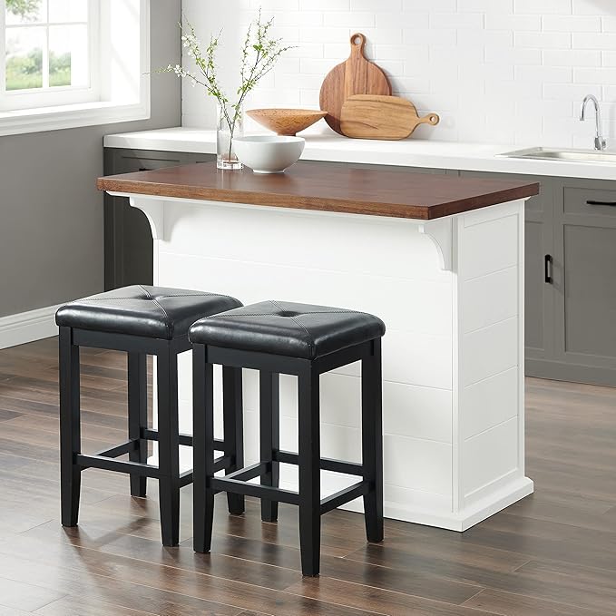 Crosley Furniture Bartlett Kitchen Island with Wood Top and Upholstered Square Stools, White/Black