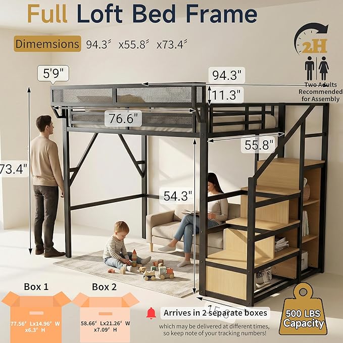 Mirightone Full Size Loft Bed with Stairs and Storage, Metal Loft Bed Frame with Bedside Shelf and Large Under-Bed Space, Heavy-Duty Bed for Adults Teens and Kids, Convertible Staircase, Black